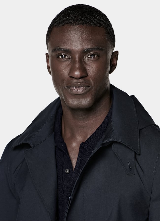 SUITSUPPLY Water-Repellent Wool Polyurethane by Vitale Barberis Canonico, Italy Navy Raincoat