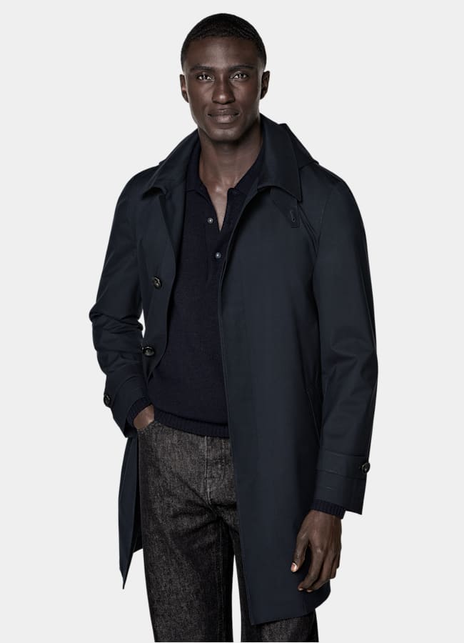 SUITSUPPLY Water-Repellent Wool Polyurethane by Vitale Barberis Canonico, Italy Navy Raincoat