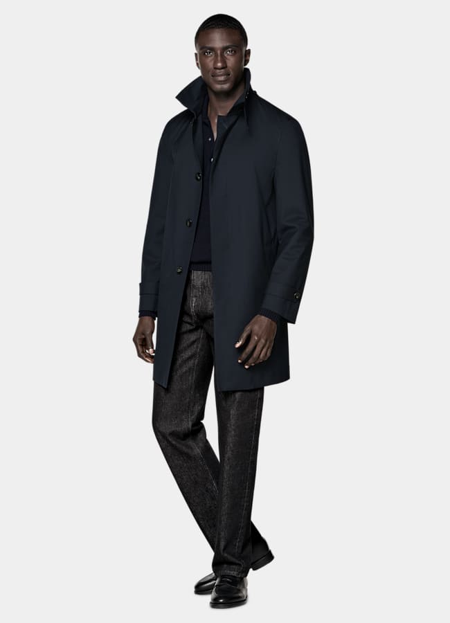 SUITSUPPLY Water-Repellent Wool Polyurethane by Vitale Barberis Canonico, Italy Navy Raincoat