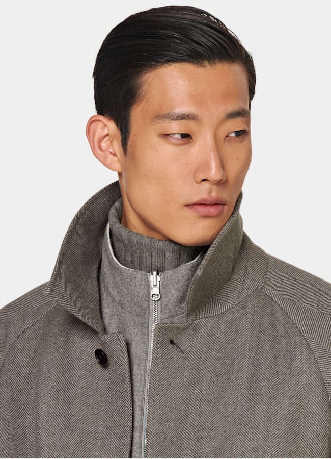 SUITSUPPLY Lana y cachemir de Rogna, Italia Abrigo gris topo punto de espiga con cinturón