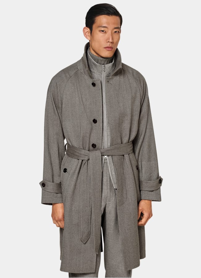 SUITSUPPLY Lana y cachemir de Rogna, Italia Abrigo gris topo punto de espiga con cinturón