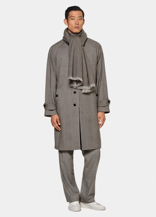 SUITSUPPLY Lana y cachemir de Rogna, Italia Abrigo gris topo punto de espiga con cinturón