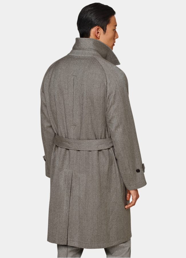 SUITSUPPLY Lana y cachemir de Rogna, Italia Abrigo gris topo punto de espiga con cinturón