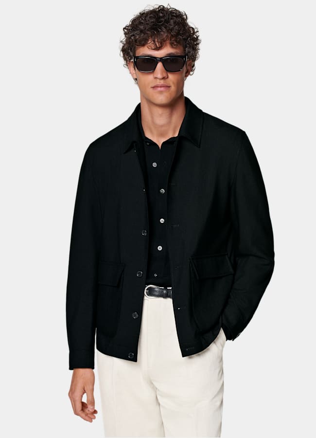 SUITSUPPLY Wrinkle-Free 4-Ply Wool by Rogna, Italy Black Bomber Jacket