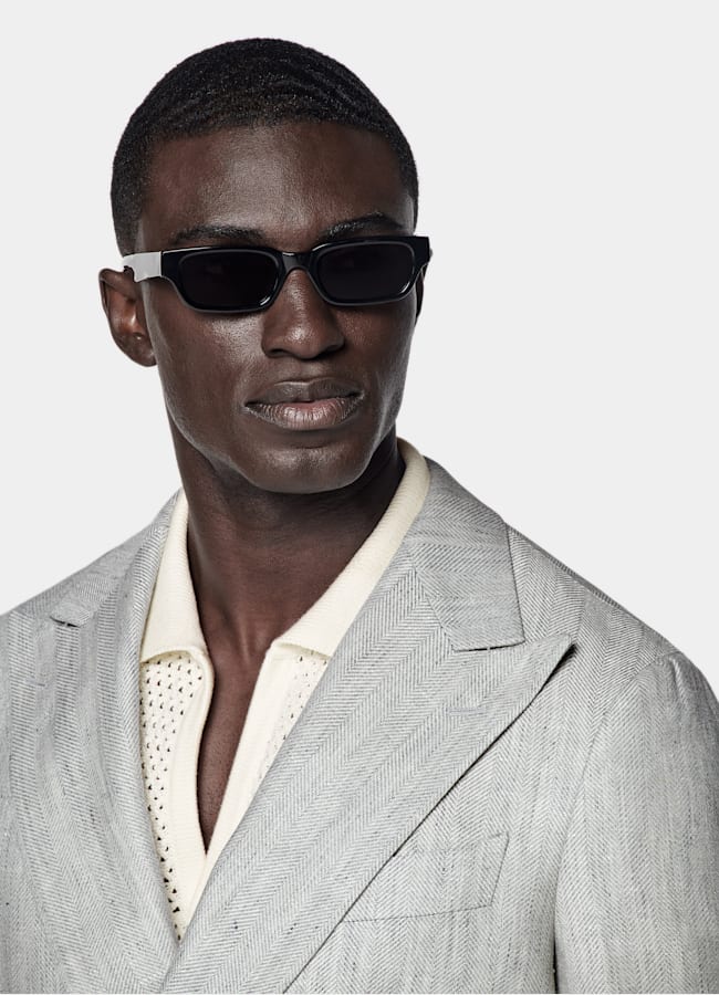 SUITSUPPLY Summer Linen Wool by Drago, Italy Light Grey Herringbone Tailored Fit Havana Blazer