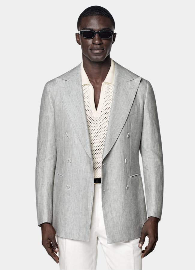 SUITSUPPLY Summer Linen Wool by Drago, Italy Light Grey Herringbone Tailored Fit Havana Blazer