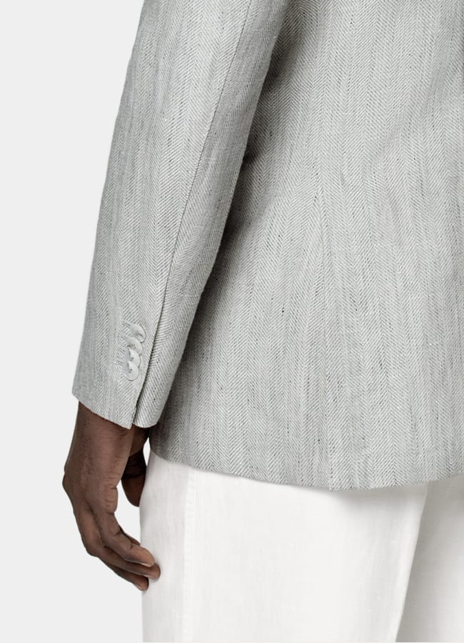 SUITSUPPLY Summer Linen Wool by Drago, Italy Light Grey Herringbone Tailored Fit Havana Blazer