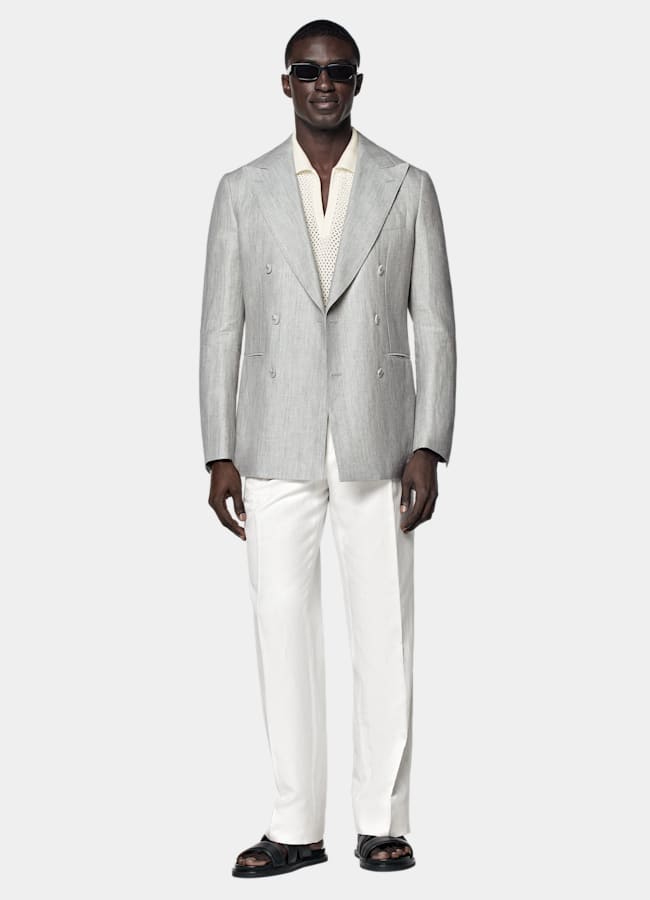 SUITSUPPLY Summer Linen Wool by Drago, Italy Light Grey Herringbone Tailored Fit Havana Blazer