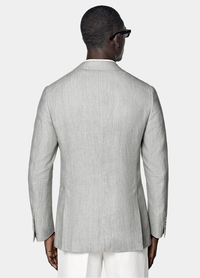 SUITSUPPLY Summer Linen Wool by Drago, Italy Light Grey Herringbone Tailored Fit Havana Blazer