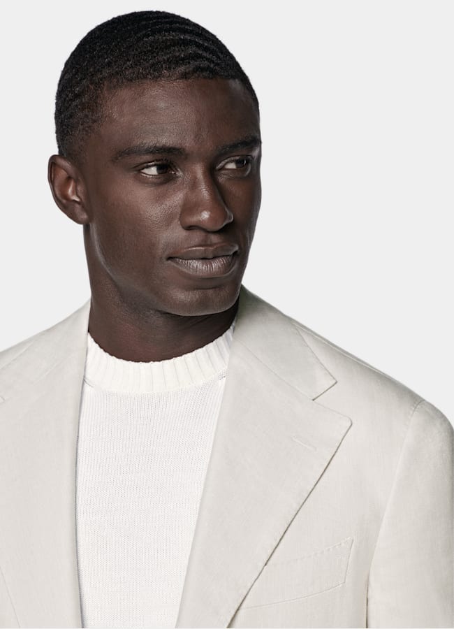 SUITSUPPLY Été Lin, laine, soie par Rogna, Italie Blazer Roma coupe Relaxed sable à chevrons