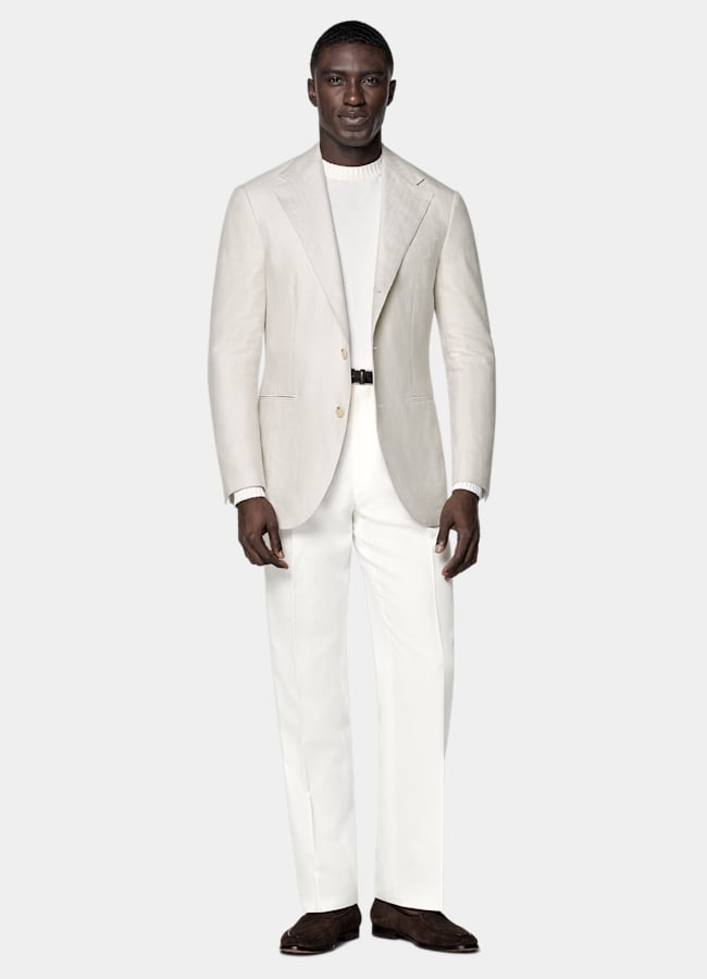 SUITSUPPLY Été Lin, laine, soie par Rogna, Italie Blazer Roma coupe Relaxed sable à chevrons