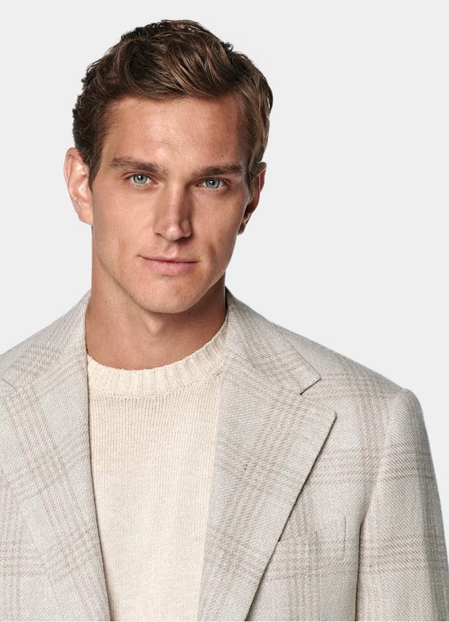 SUITSUPPLY Verano Lino, seda, lana y algodón de Ferla, Italia Blazer Roma gris topo claro a cuadros corte Relaxed