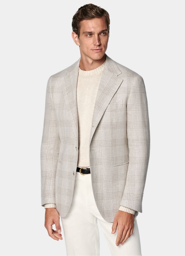 SUITSUPPLY Verano Lino, seda, lana y algodón de Ferla, Italia Blazer Roma gris topo claro a cuadros corte Relaxed