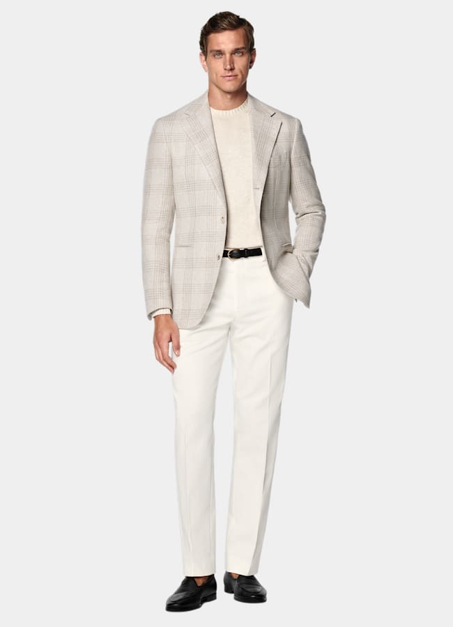 SUITSUPPLY Verano Lino, seda, lana y algodón de Ferla, Italia Blazer Roma gris topo claro a cuadros corte Relaxed