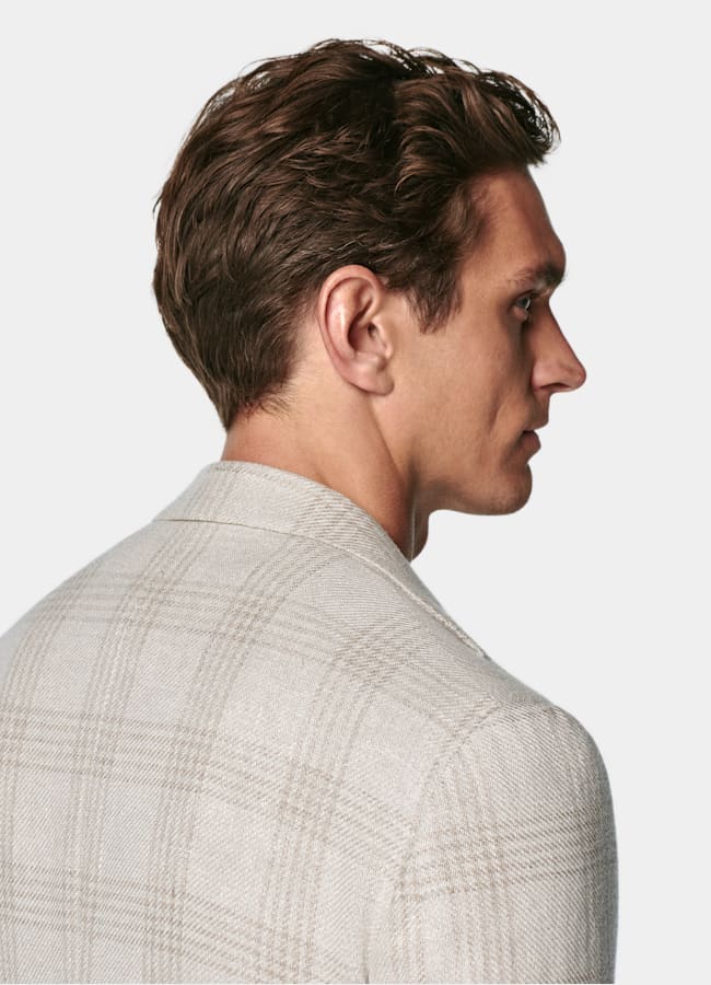 SUITSUPPLY Verano Lino, seda, lana y algodón de Ferla, Italia Blazer Roma gris topo claro a cuadros corte Relaxed