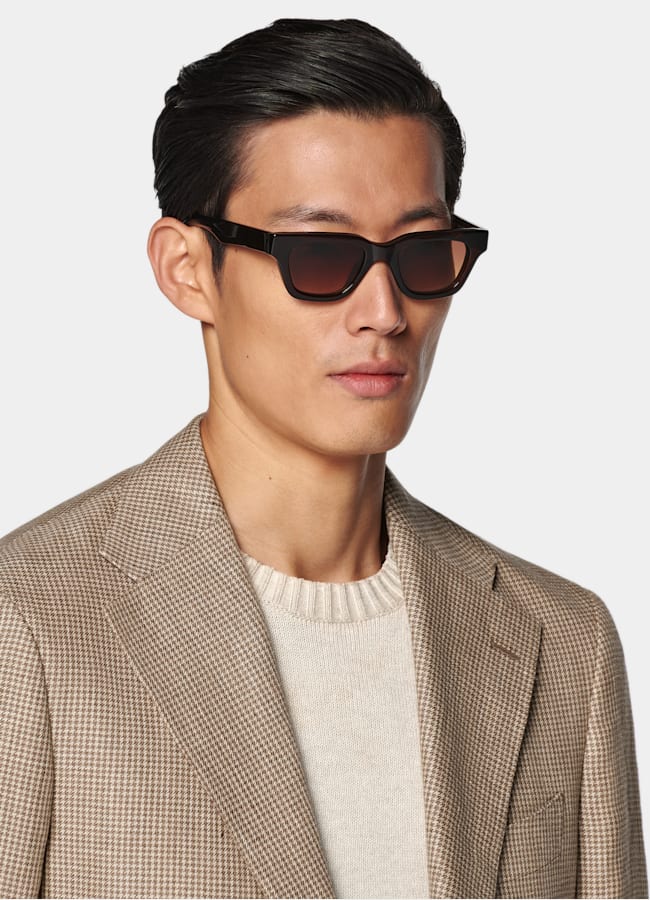 SUITSUPPLY Summer Linen Alpaca Silk by Ferla, Italy Mid Brown Houndstooth Relaxed Fit Roma Blazer