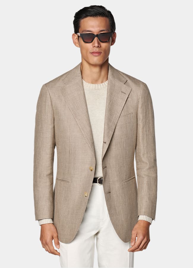 SUITSUPPLY Summer Linen Alpaca Silk by Ferla, Italy Mid Brown Houndstooth Relaxed Fit Roma Blazer