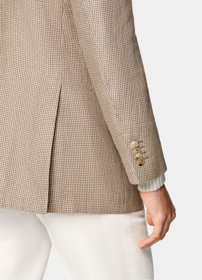 SUITSUPPLY Summer Linen Alpaca Silk by Ferla, Italy Mid Brown Houndstooth Relaxed Fit Roma Blazer