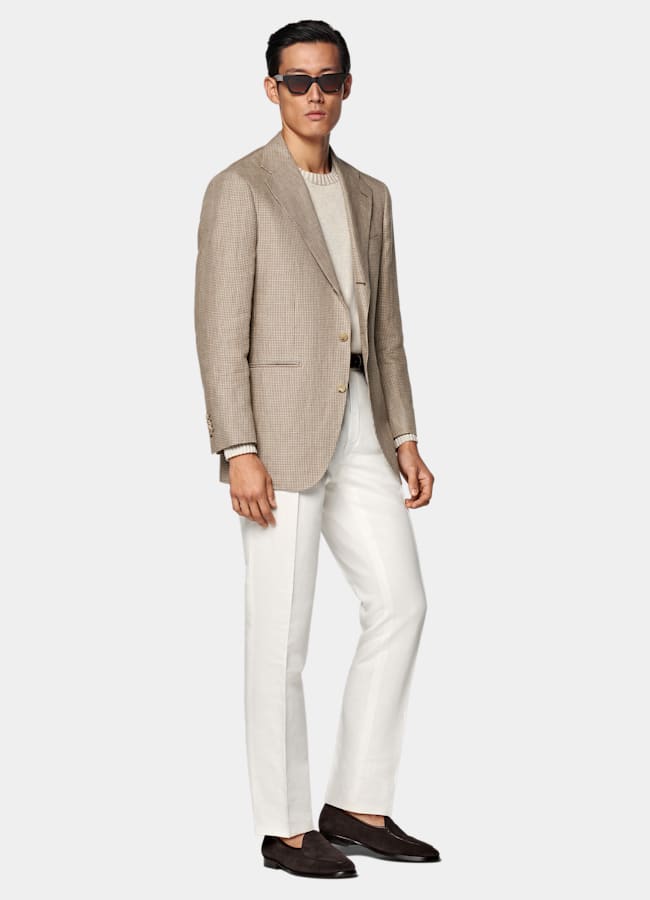 SUITSUPPLY Summer Linen Alpaca Silk by Ferla, Italy Mid Brown Houndstooth Relaxed Fit Roma Blazer