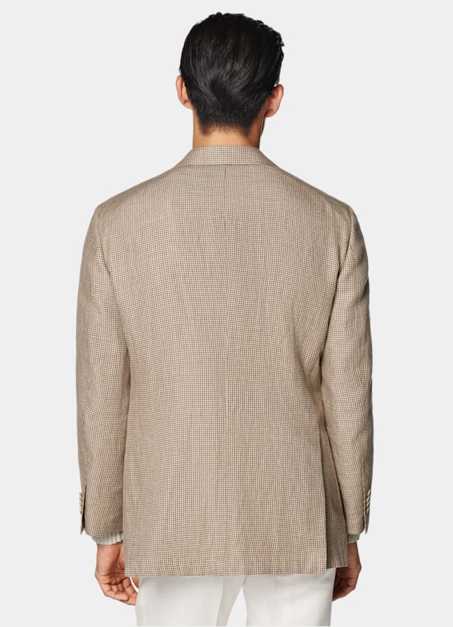 SUITSUPPLY Summer Linen Alpaca Silk by Ferla, Italy Mid Brown Houndstooth Relaxed Fit Roma Blazer