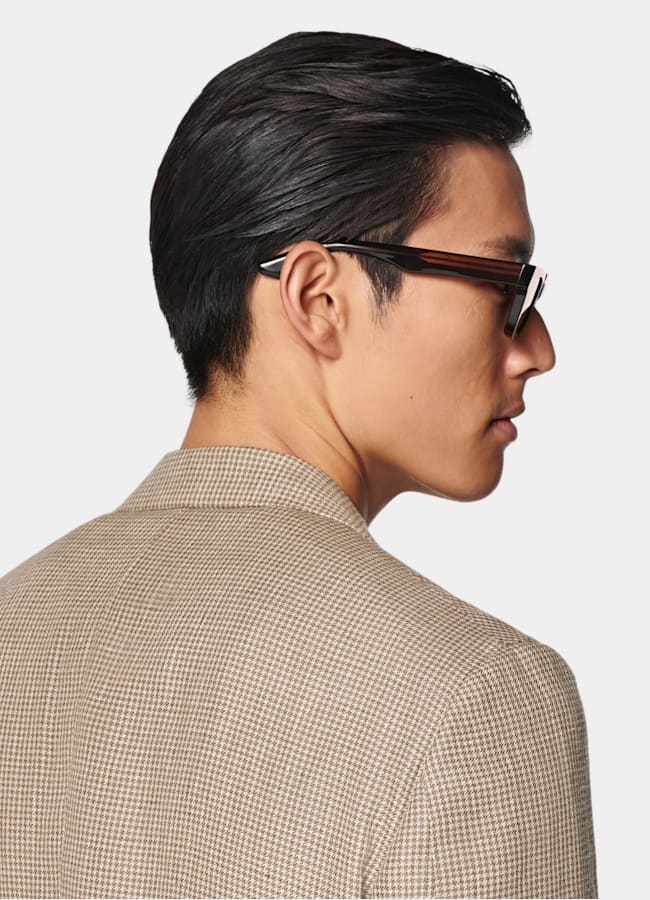 SUITSUPPLY Summer Linen Alpaca Silk by Ferla, Italy Mid Brown Houndstooth Relaxed Fit Roma Blazer