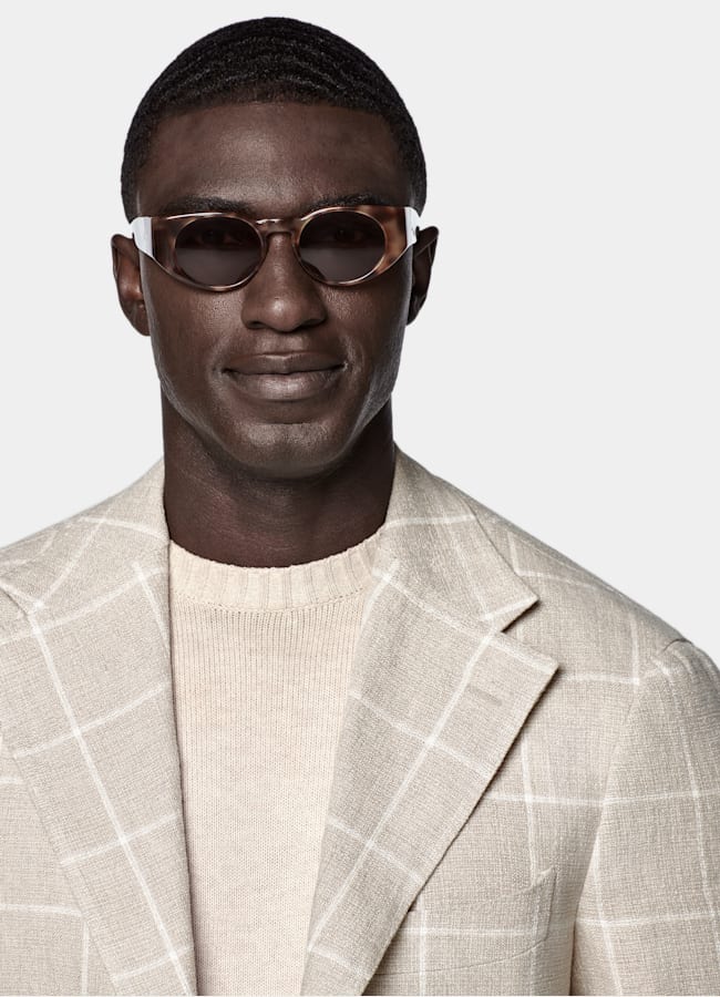 SUITSUPPLY Verano Puro lino de Leomaster, Italia Blazer Roma gris topo claro a cuadros corte Relaxed