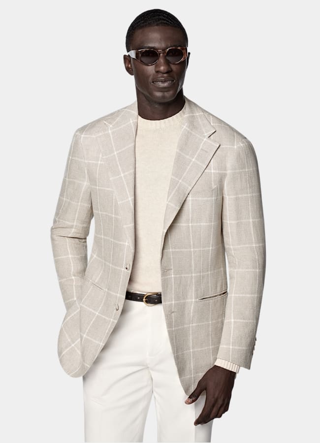 SUITSUPPLY Verano Puro lino de Leomaster, Italia Blazer Roma gris topo claro a cuadros corte Relaxed