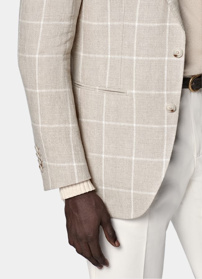 SUITSUPPLY Verano Puro lino de Leomaster, Italia Blazer Roma gris topo claro a cuadros corte Relaxed