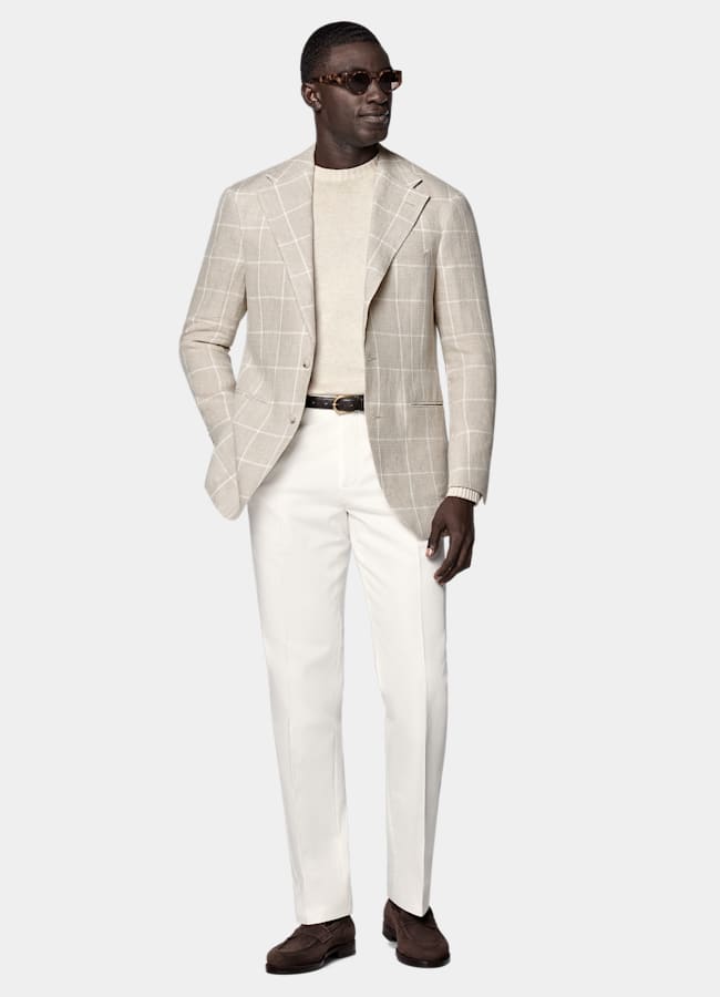 SUITSUPPLY Verano Puro lino de Leomaster, Italia Blazer Roma gris topo claro a cuadros corte Relaxed