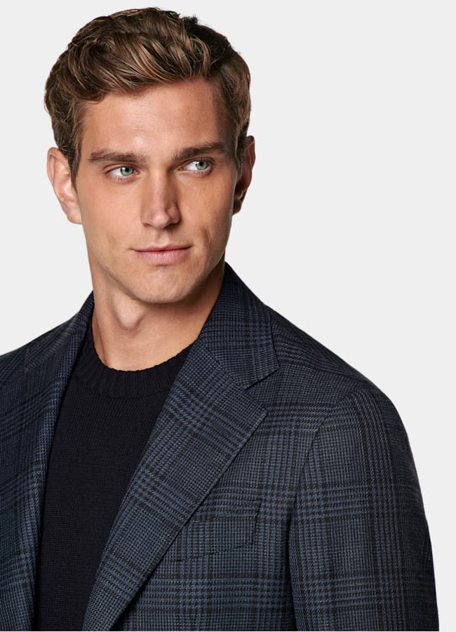 SUITSUPPLY All Season Lana, seda y lino de Drago, Italia Blazer Havana azul marino a cuadros corte Tailored