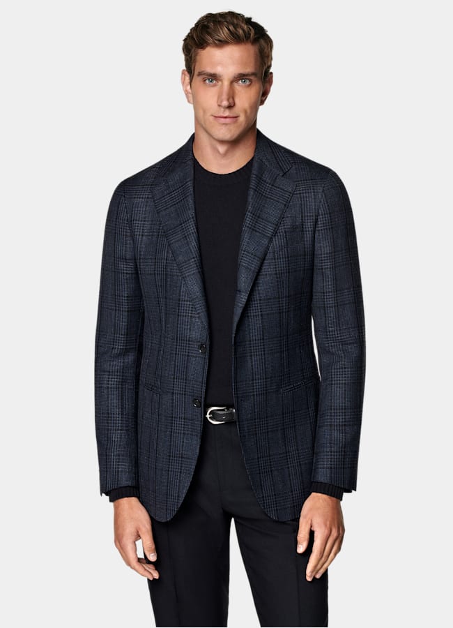 SUITSUPPLY All Season Lana, seda y lino de Drago, Italia Blazer Havana azul marino a cuadros corte Tailored