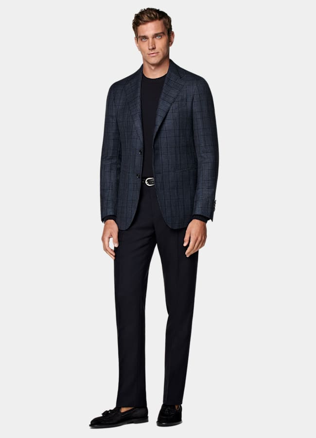 SUITSUPPLY All Season Lana, seda y lino de Drago, Italia Blazer Havana azul marino a cuadros corte Tailored