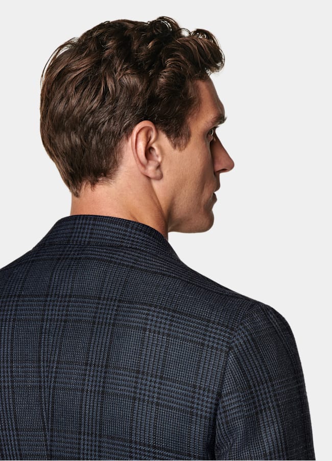 SUITSUPPLY All Season Lana, seda y lino de Drago, Italia Blazer Havana azul marino a cuadros corte Tailored