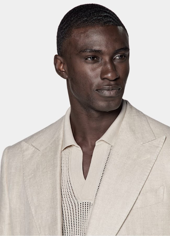 SUITSUPPLY Sommer Leinen Seide von Leomaster, Italien Milano Sakko helltaupe Fischgrätmuster Tailored Fit