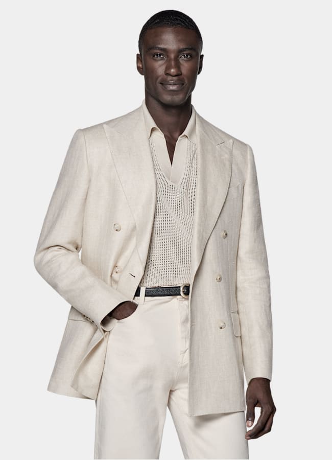 SUITSUPPLY Sommer Leinen Seide von Leomaster, Italien Milano Sakko helltaupe Fischgrätmuster Tailored Fit