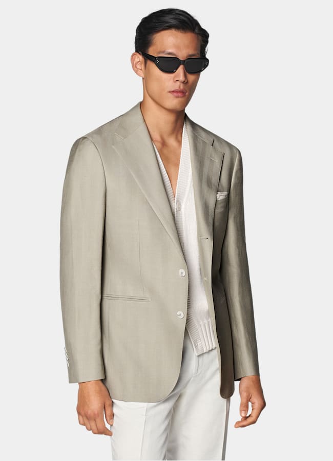 SUITSUPPLY All Season Wool Silk Linen by Rogna, Italy Light Green Herringbone Relaxed Fit Roma Blazer