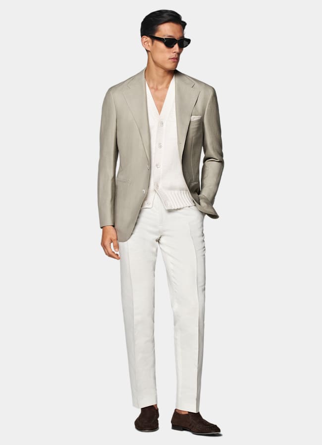SUITSUPPLY All Season Wool Silk Linen by Rogna, Italy Light Green Herringbone Relaxed Fit Roma Blazer