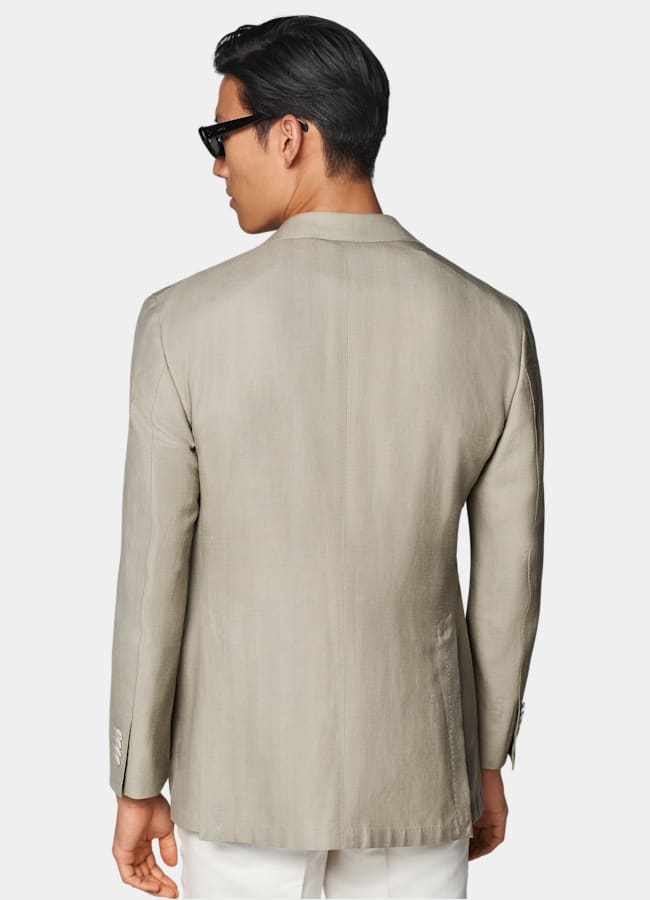 SUITSUPPLY All Season Wool Silk Linen by Rogna, Italy Light Green Herringbone Relaxed Fit Roma Blazer