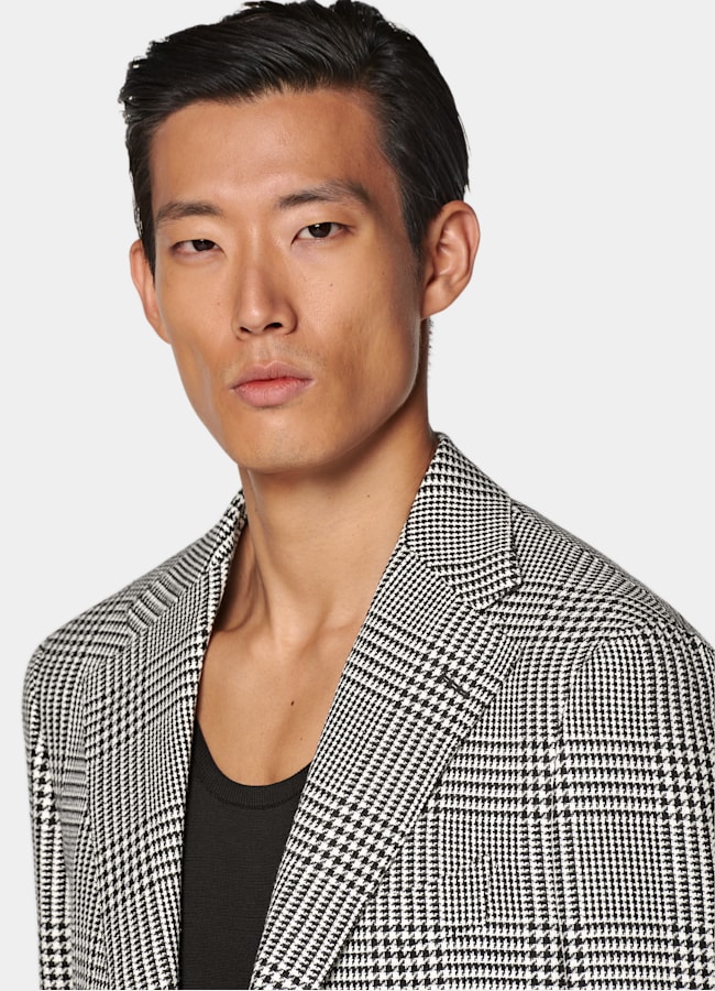 SUITSUPPLY All Season Linen Silk Wool Cotton by Ferla, Italy Black Checked Relaxed Fit Roma Blazer
