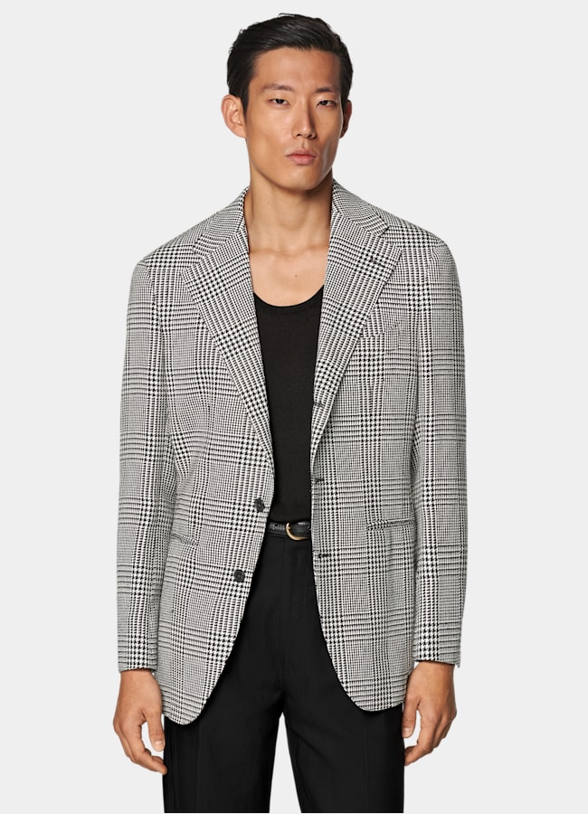SUITSUPPLY All Season Linen Silk Wool Cotton by Ferla, Italy Black Checked Relaxed Fit Roma Blazer