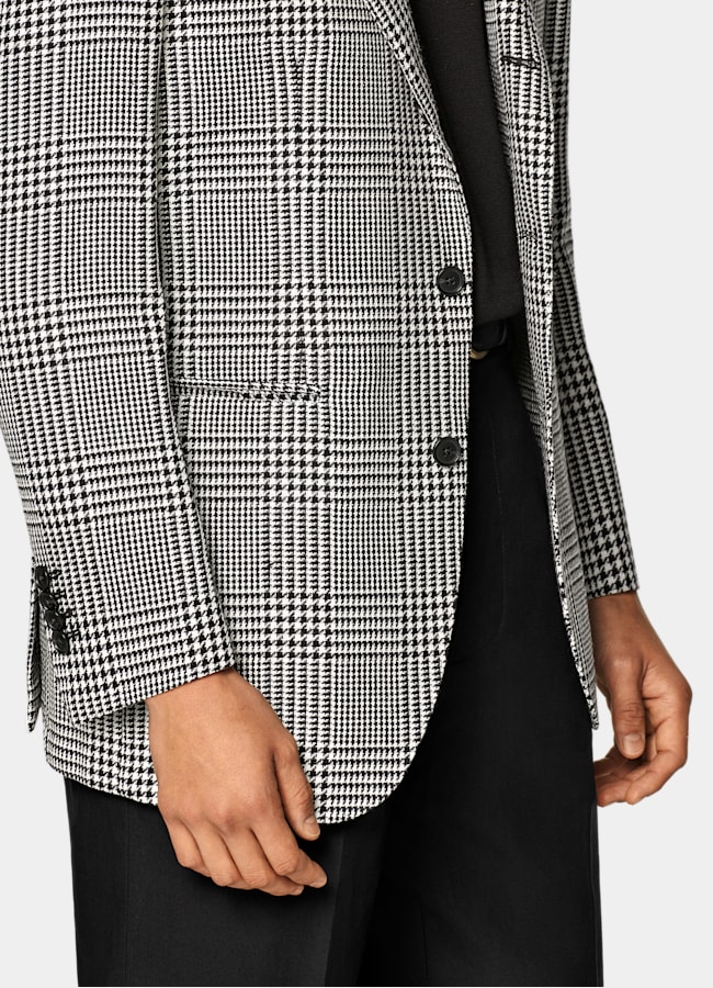 SUITSUPPLY All Season Linen Silk Wool Cotton by Ferla, Italy Black Checked Relaxed Fit Roma Blazer