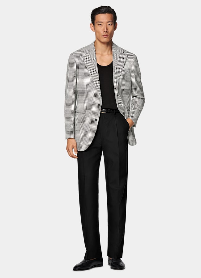 SUITSUPPLY All Season Linen Silk Wool Cotton by Ferla, Italy Black Checked Relaxed Fit Roma Blazer