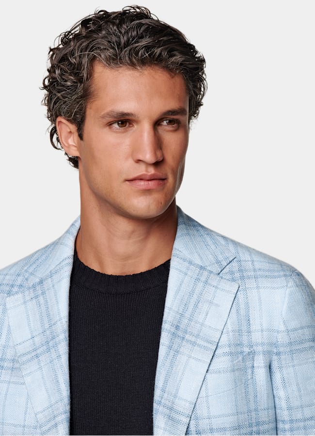 SUITSUPPLY Summer Linen Wool Silk by Lanificio Ermenegildo Zegna, Italy Light Blue Checked Tailored Fit Havana Blazer