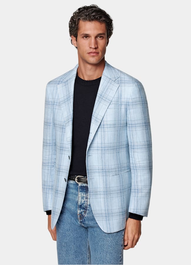 SUITSUPPLY Summer Linen Wool Silk by Lanificio Ermenegildo Zegna, Italy Light Blue Checked Tailored Fit Havana Blazer