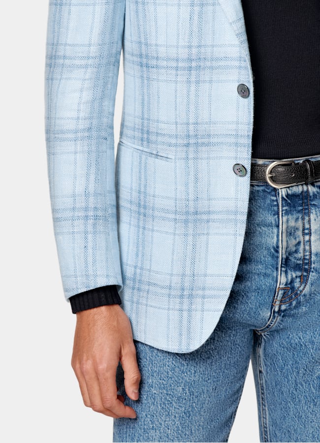 SUITSUPPLY Summer Linen Wool Silk by Lanificio Ermenegildo Zegna, Italy Light Blue Checked Tailored Fit Havana Blazer