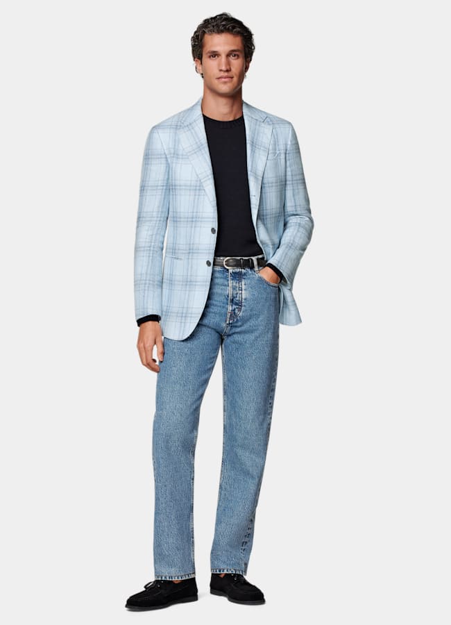 SUITSUPPLY Summer Linen Wool Silk by Lanificio Ermenegildo Zegna, Italy Light Blue Checked Tailored Fit Havana Blazer