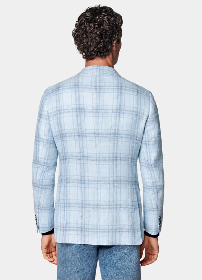 SUITSUPPLY Summer Linen Wool Silk by Lanificio Ermenegildo Zegna, Italy Light Blue Checked Tailored Fit Havana Blazer