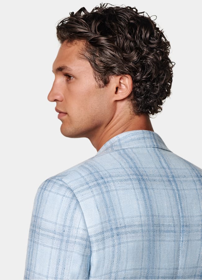 SUITSUPPLY Summer Linen Wool Silk by Lanificio Ermenegildo Zegna, Italy Light Blue Checked Tailored Fit Havana Blazer