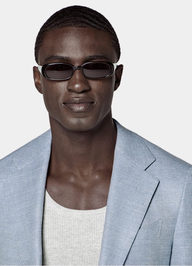 SUITSUPPLY Summer Wool Silk Linen Cashmere by E.Thomas, Italy Light Blue Tailored Fit Havana Blazer