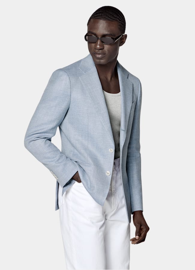 SUITSUPPLY Summer Wool Silk Linen Cashmere by E.Thomas, Italy Light Blue Tailored Fit Havana Blazer